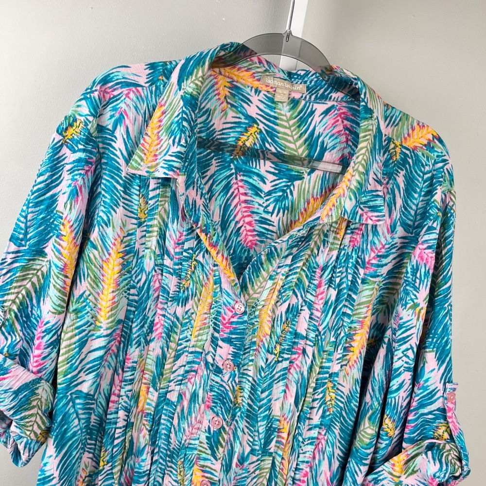 Woman Within Tropical‎ Button Up Top Womens 2X Bright Tropical Resort Cotton